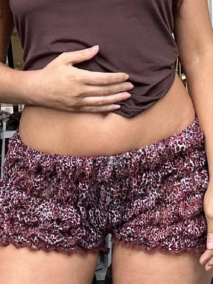 Retro Y2K Women Kawaii Leopard Printed Shorts Ruffle Vintage Cottage Shorts Elastic Slim Fit Bloomers Pants Fashion Streetwear