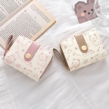 Cute Cat Coin Purse Women Fashion Short Wallet PU Leather Large Capacity Wallet Lightweight ID Card Holder Travel Cash Coin Bag - Smarsty