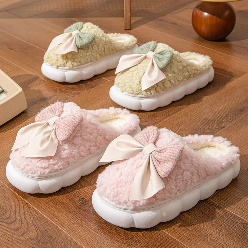 Winter Warm Fur Slippers for Women Cute bow House Non Slip Soft Shoes Comfort Flat Heel Home Indoor Bedroom Plush Slippers - Smarsty