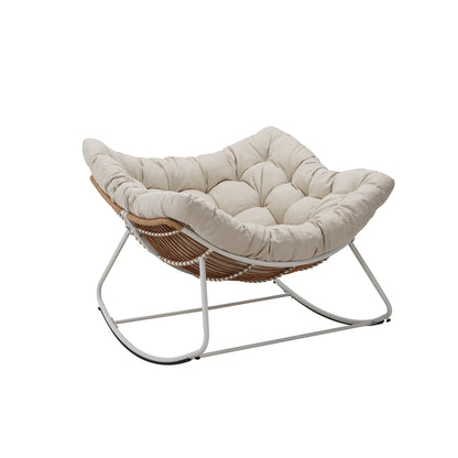 Outdoor Rocking Chair, Patio Wicker Egg Chair, Indoor Comfy Oversized Papasan Chair with Padded Cushion for Front Porch, Garden