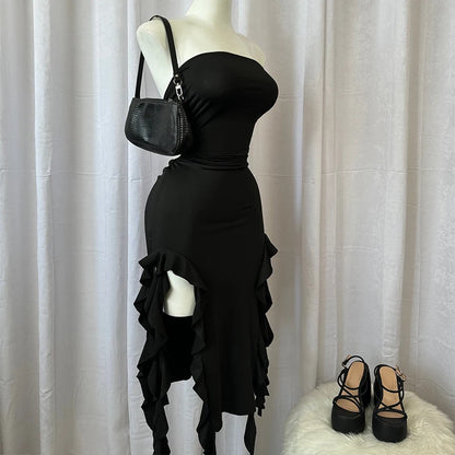 Women Strapless Sexy Floral Fold Hemline High Slit Mini Dress 2024 Solid Backless Sleeveless Black And Pink Party Dress Vestidos - Smarsty