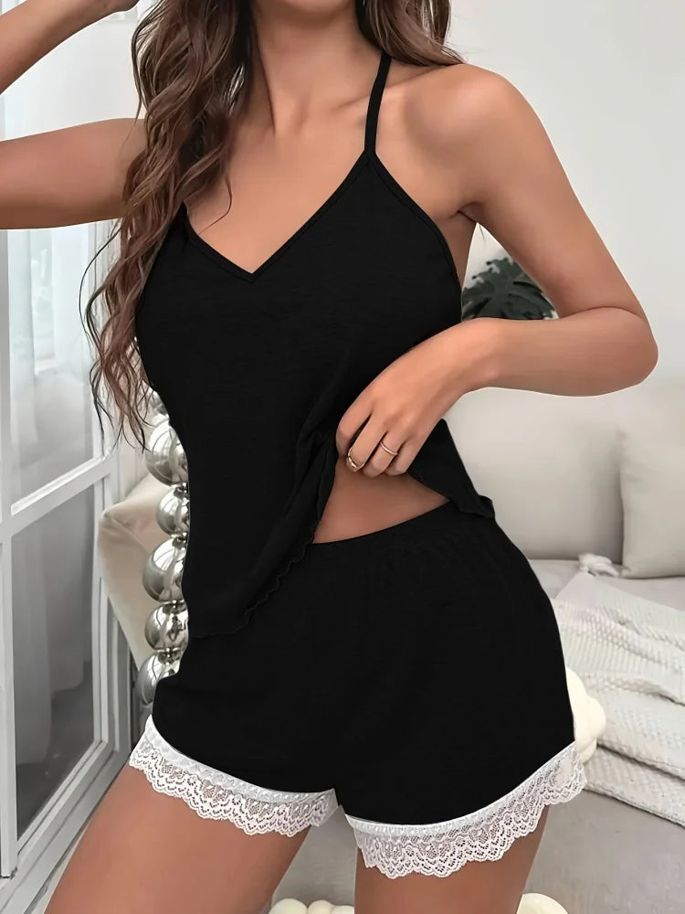 Women's Grey Spaghetti Strap Pajama Set Lace Hem Cami Top and Shorts Soft Knit Sleepwear Loungewear Comfortable Casual Pjs - Smarsty