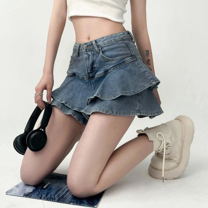 Vintage Denim Skirt Shorts Women Summer Korean Fashion High Waist A-line Wash Blue Slim Cute Sexy Mini Jeans Ruffle Skirt Female - Smarsty