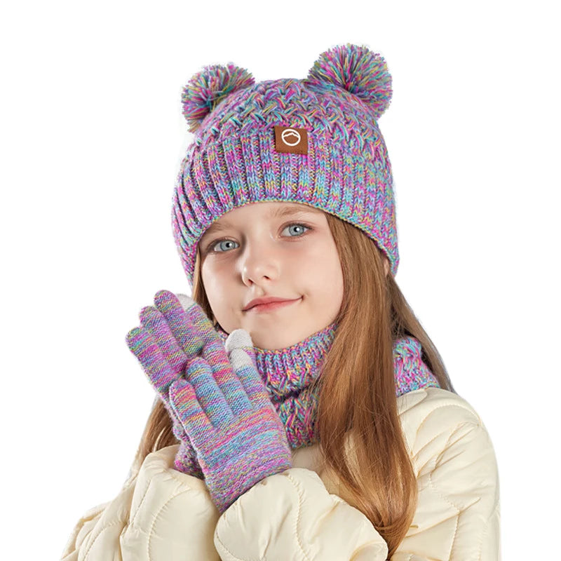 Winter Kids Hat Set Warm Beanie Scarf Gloves Pompom Fleece - Smarsty