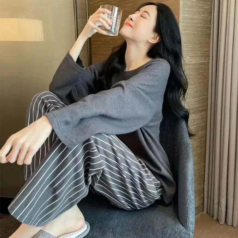 2PCS/Set Women Big Size with Chest Pads Pajamas Spring Autumn and Winter Long-Sleeved Headset Loose Homewear Can Be Worn Outside - Smarsty