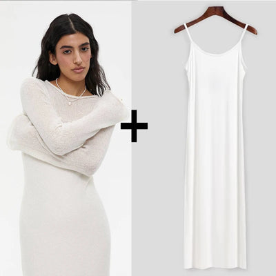 Hirsionsan Spring Autumn O-Neck Elastic Knit Long Dresses Women 2024 Elegant Chic Soft Lady Hollowing Sweater Dresses Femme New - Smarsty