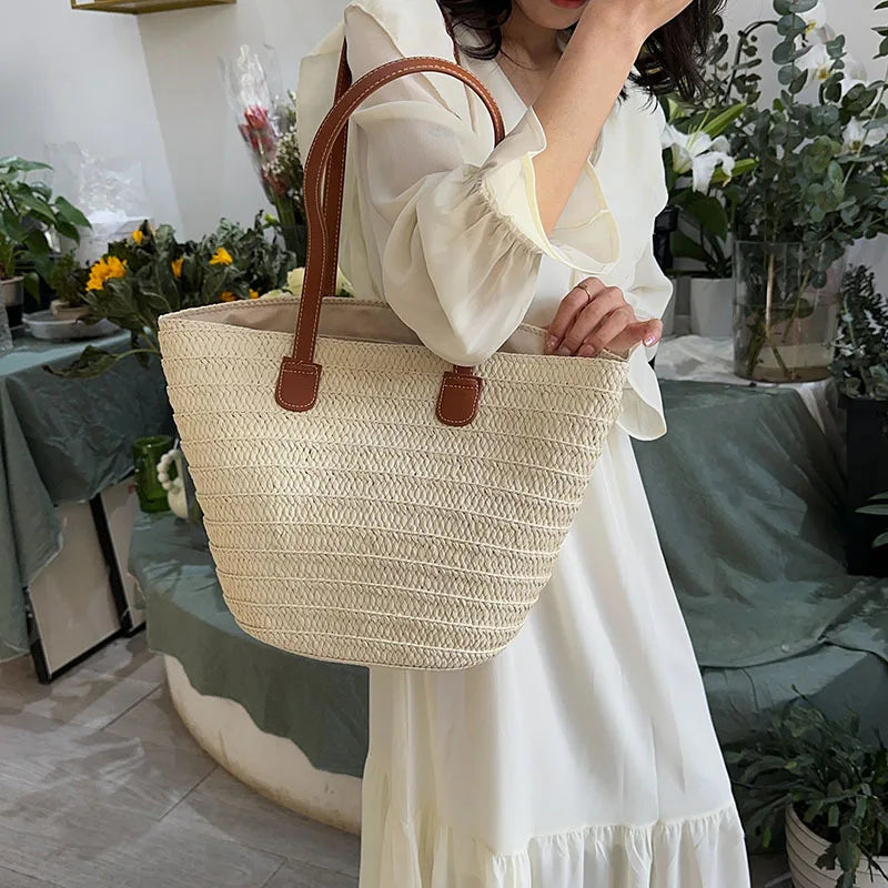 Large Capacity Straw Beach Tote Woven Shoulder Bag Summer - Smarsty