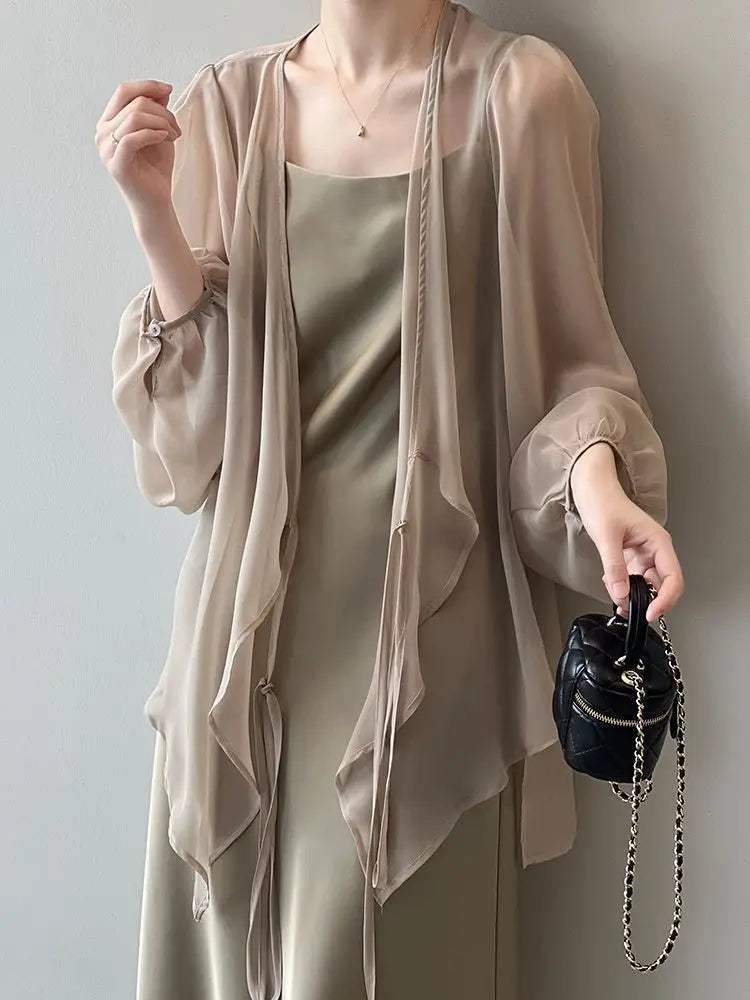 Shirts Women V-neck Loose Long Sleeve Open Stitch Korean Style Lace-up Simple Solid Summer Chiffon Breathable Minimalist Stylish - Smarsty
