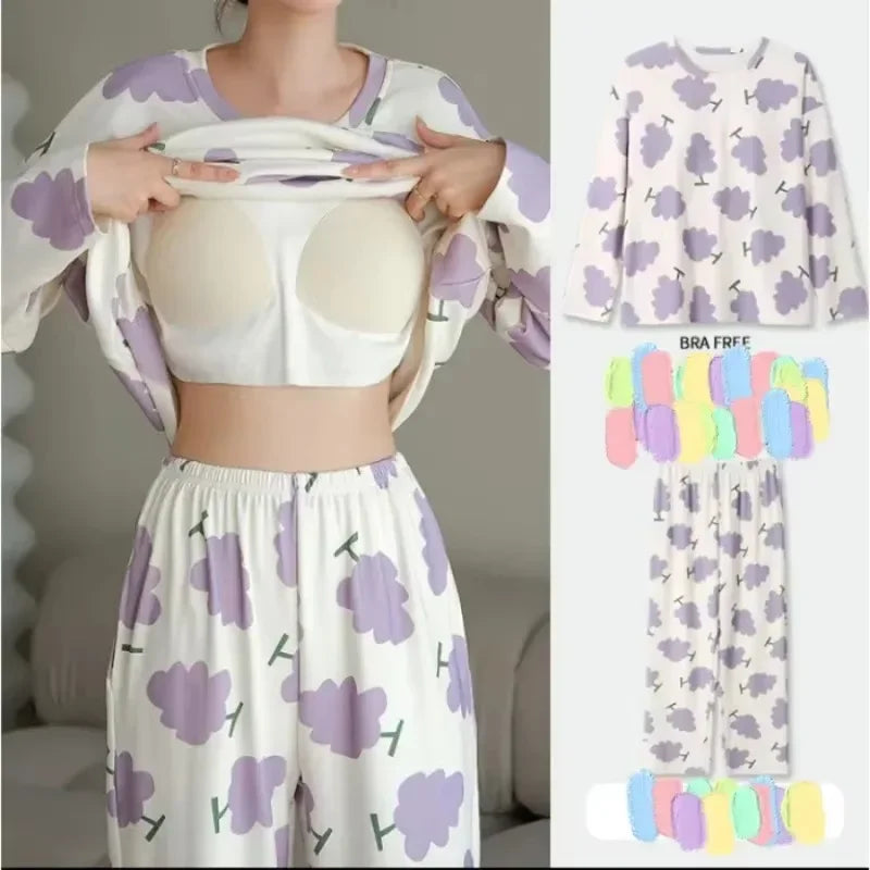 2PCS/Set Women Big Size with Chest Pads Pajamas Spring Autumn and Winter Long-Sleeved Headset Loose Homewear Can Be Worn Outside - Smarsty
