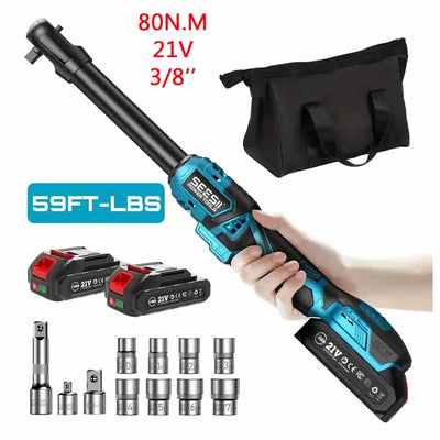 Seesii 3/8" 21V Cordless Electric Wrench 80Nm 6.3'' Extended Electric Ratchet Wrench Rechargeable Angle Wrench Car Repair Tools - Smarsty
