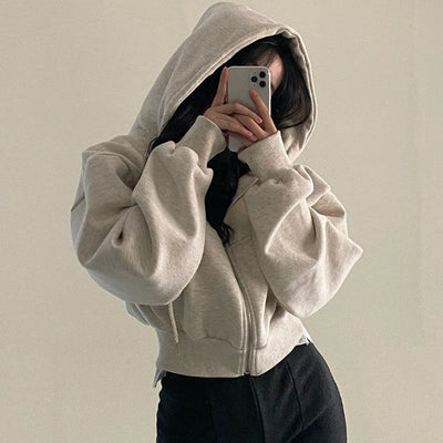 Autumn Winter Hooded Hoodies Women Casual Streetwear Zip Up Sweatshirts Long Sleeve Jackets Harajuku Y2K Crop Tops Hood Shirt - Smarsty