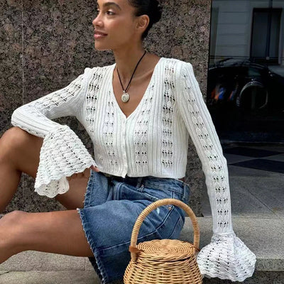 TARUXY Hollow Knitted Cardigan Women's Solid Long Sleeve V Neck Short Sweater Top Summer 2025 New Female Crochet Casual Outwear - Smarsty