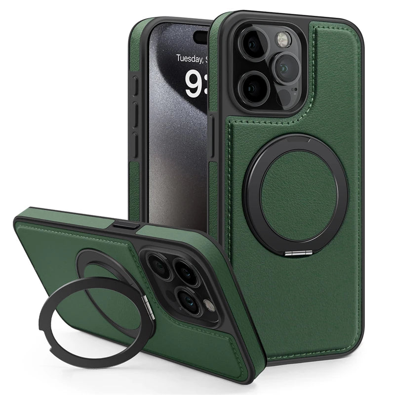 360 Rotating Metal Ring Stand Magnetic Leather Case for IPhone 17 Air 15 14 13 12 11 16 Pro Max Plus 15Pro Magsafe Holder Cover