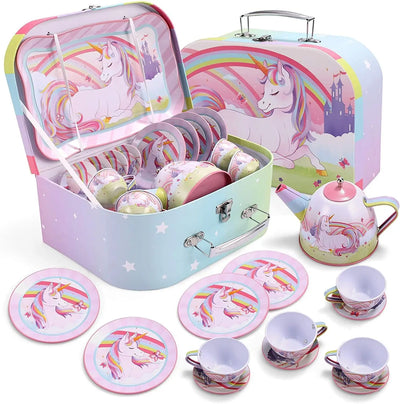 Joyfy Kid Tea Set Mermaid Tea Party Set Princess Pretend Play Tin Teapot Set Kitchen Toy for Girls Toddlers 2 3 4 5 6 Years Old - Smarsty