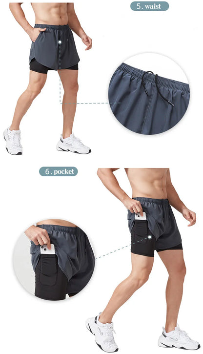 Men's Running Shorts Quick-drying Fitness Black Double Layer Shorts Men New Sport Workout Training Bodybuilding Short Pants - Smarsty