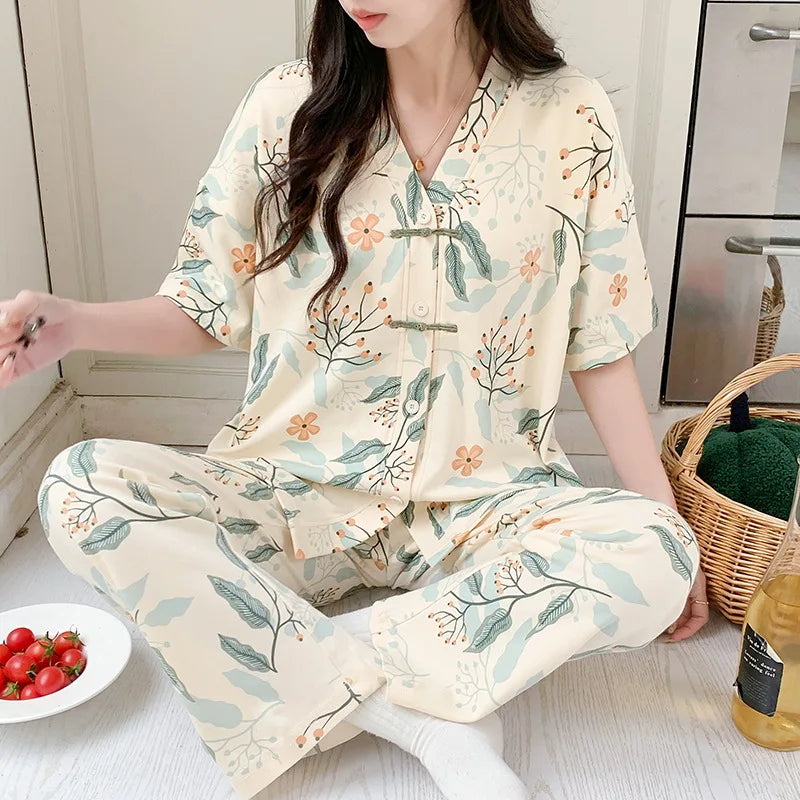 Pigma For Women Cotton Pajama Sleepwear Big Size Pajamas Nightwear Summer Women's Short Sleeved Long Pants Cardigan Pajama Set - Smarsty