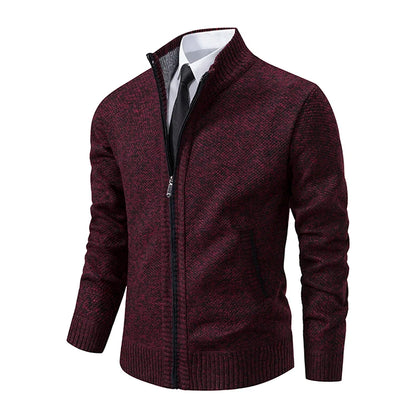 Autumn And Winter New Jersey Men's Casual Sports Coat Solid Color Stand Collar Wweater Grab Fleece Warm Zipper Cardigan - Smarsty