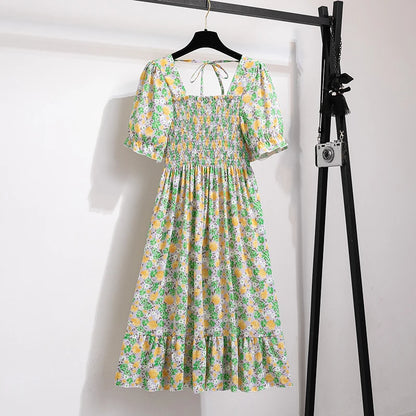 Summer Pleated Women Chiffon Dresses Casual Beach Holiday Short Sleeve Square Collar Woman Midi Dress Bohemian Mujer Vestidos - Smarsty