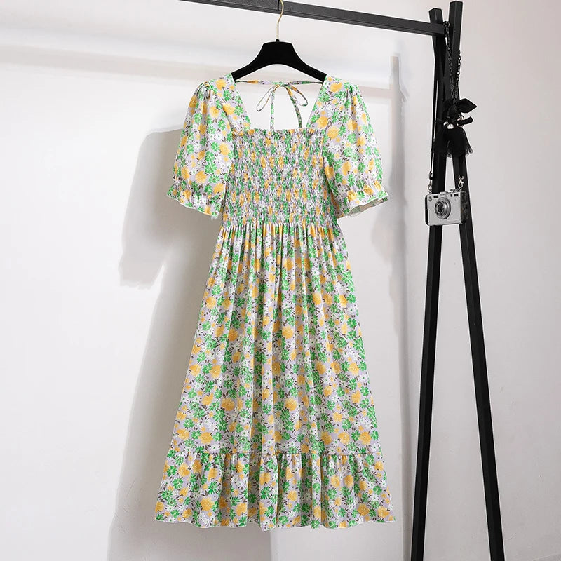 Summer Pleated Women Chiffon Dresses Casual Beach Holiday Short Sleeve Square Collar Woman Midi Dress Bohemian Mujer Vestidos - Smarsty