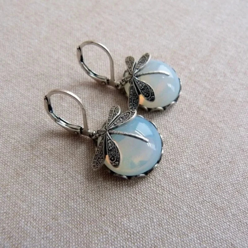 Vintage Dragonfly Drop Earrings with Moonstone Inlaid Design - Smarsty