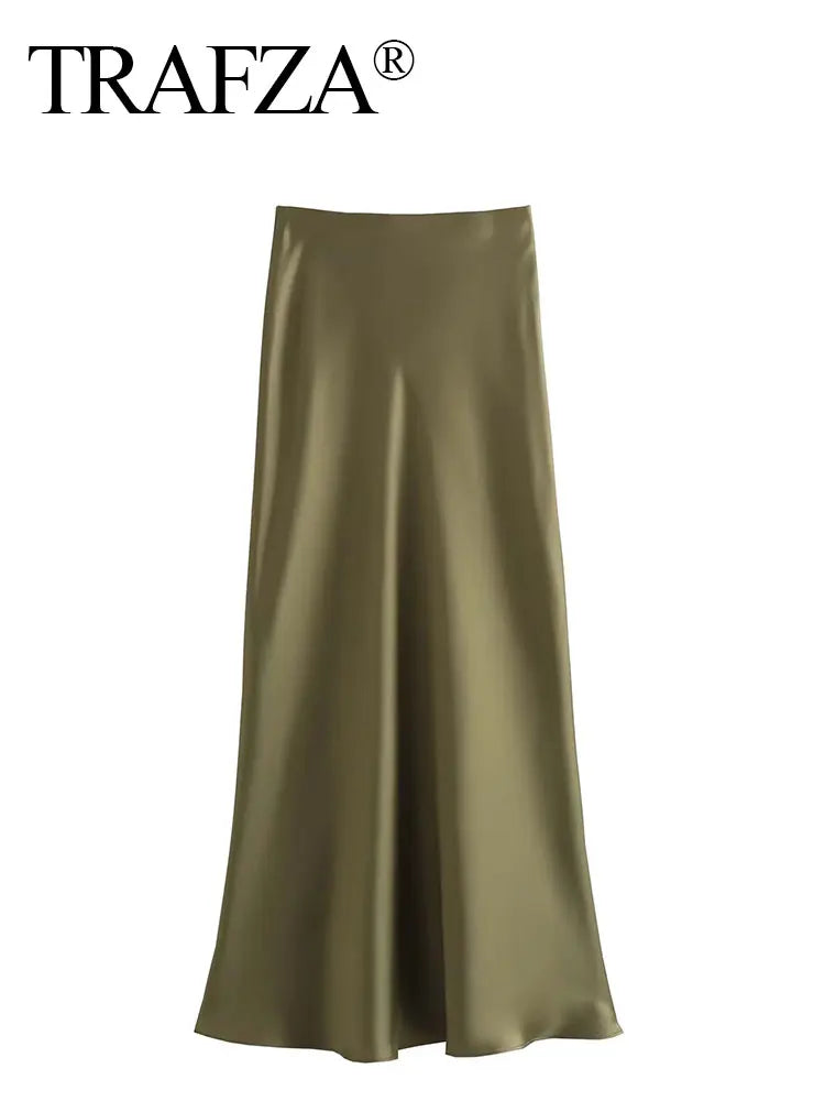 TRAFZA 2024 Y2K Casual Women Long Skirt Spring Elastic High Waisted A-Line Casual Female Satin Skirts High Street Lady Skirts - Smarsty