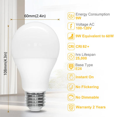 12PCS A19 LED Light Bulb 9W E26 Base LED Bulb 3000K 6500K Warm/Cool White Non Dimmable 900LM for Bedroom Living Room Kitchen