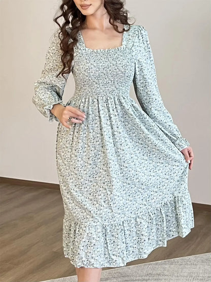Long Sleeve Casual Dress Women Chiffon Dresses Autumn Spring A-line Printed Floral Elastic Chest Lace Up Midi Dresses Vestidos - Smarsty
