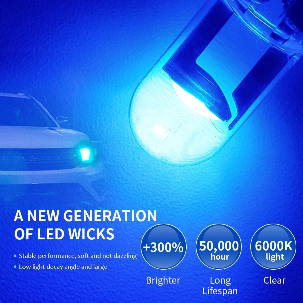 10X New W5W LED T10 Car Lights COB Glass Interior Parts Bulbs White ice blue Yellow Auto License Plate Lamp Dome Read Light 12V - Smarsty
