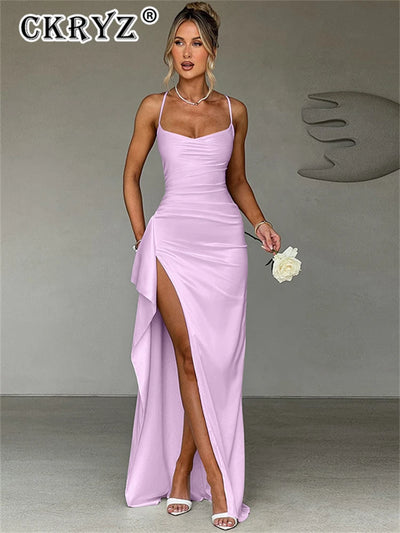 Ladies Summer Satin Fashion Evening Party Dress Women Sleeveless Backless Side Slit Long Dress Birthday Clubwear Woman Clothes - Smarsty