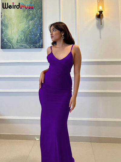Weird Puss Sexy Backless Women Evening Maxi Dress Folds V-Neck Sleeveless Coquette Elegant Mermaid Matching Banquet Prom Bodycon - Smarsty