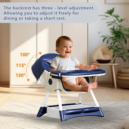 Foldable Baby High Chair 4-in-1 Foldable Reclining Feeding Table Chair Seat 7 Heights With Toyrack Easy To Clean Feeding