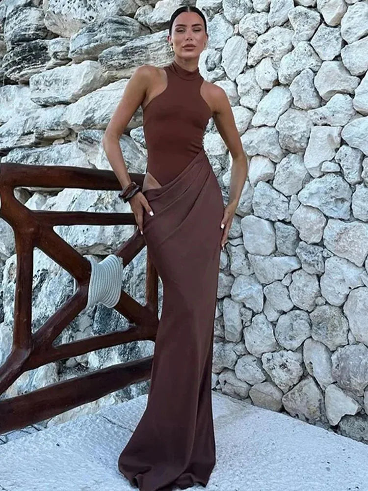 JULISSA MO Satin Sexy Hollow Out Women Maxi Dress Black Sleeveless High Waist Dress Female Autumn Skinny Elegant Party Clubwear - Smarsty