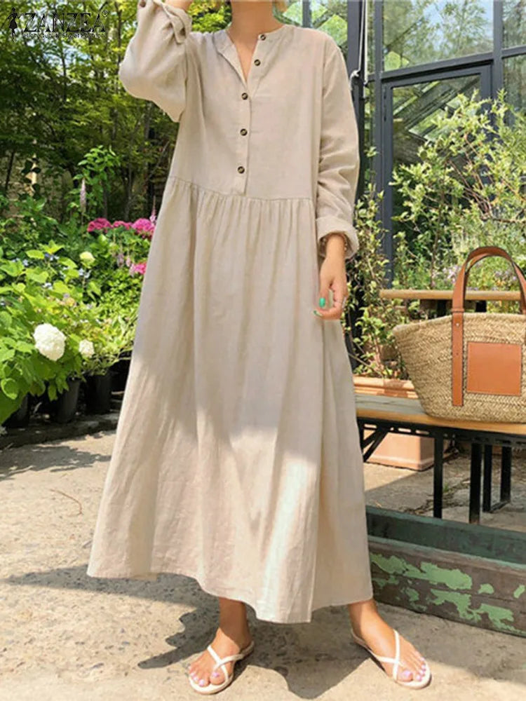 Women's Elegant Solid Cotton Robe Femme 2022 Spring Autumn Bohemian Maxi Dress ZANZEA Casual Long Sleeve Shirt Dresses Oversized - Smarsty