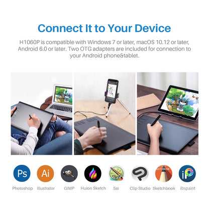 HUION Inspiroy H1060P Graphics Drawing Tablet with 8192 Pressure Sensitivity Battery-Free Stylus and 12 Customized Hot Keys, 10
