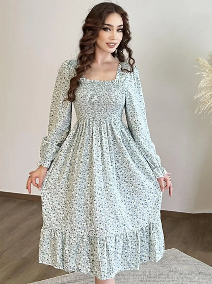 Long Sleeve Casual Dress Women Chiffon Dresses Autumn Spring A-line Printed Floral Elastic Chest Lace Up Midi Dresses Vestidos - Smarsty