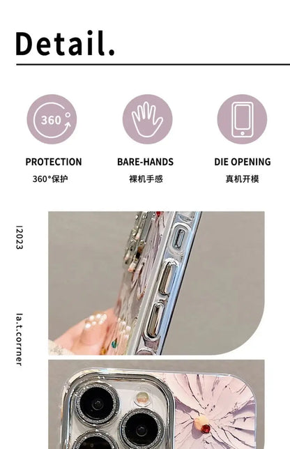 Luxury Flower Glitter Laser Phone Case For iPhone 17 Air 16 Pro Max 15 14 Plus 13 12 11 Diamond Shockproof Lens Protection Cover