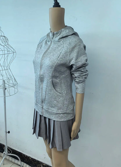 Gray Zipper Hooded Sweatshirt Women 2025 New Korean Slim Fit Cardigan Long Sleeve Coat Woman Solid Pockets Sports Hoodies Jacket