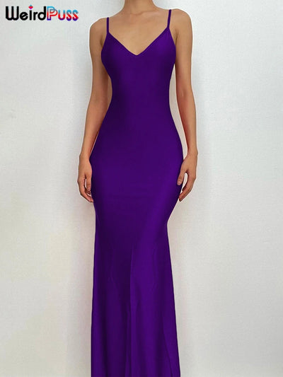 Weird Puss Sexy Backless Women Evening Maxi Dress Folds V-Neck Sleeveless Coquette Elegant Mermaid Matching Banquet Prom Bodycon - Smarsty