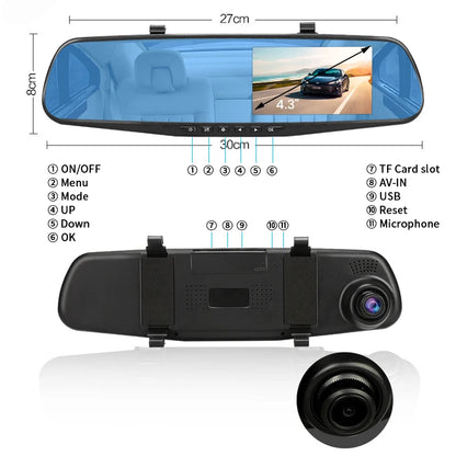 Dual Lens Dashcam With 4.3 Inch Rearview Mirror FHD 1080P - Smarsty