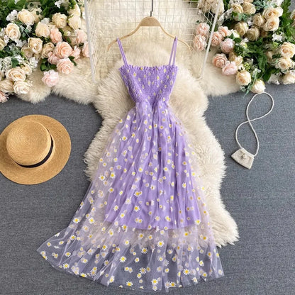 YuooMuoo Women Dress 2025 New Korean Fashion Floral Print Spaghetti Straps Mesh Party Dress Vacation Style Lady Beach Vestidos - Smarsty
