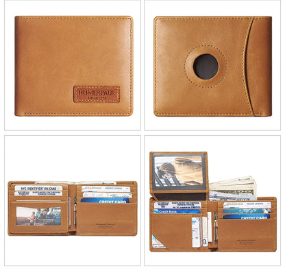HUMERPAUL Airtag Wallet For Men Real Leather RFID Trifold Card Holder Case with ID Window Slim Anti-lost Purse - Smarsty