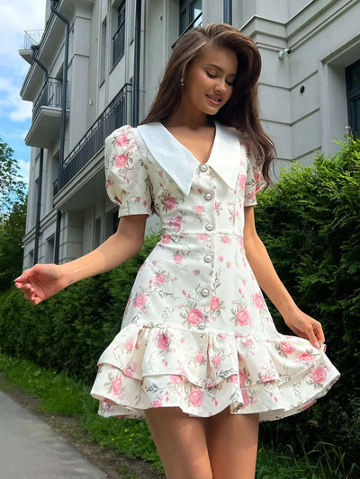 Tornova Print Puff Sleeves Ruffled Dress Women's V-Neck High Waist Pearl Buttons Mini Dress Female Casual Vacation Fashion Dress - Smarsty