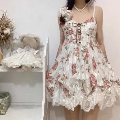 2000s Gothic Vintage Mini Dress Women Sleeveless Strap Party Dress Evening Lace Retro Cltohing Japanese Y2k Black Chic Lolita - Smarsty