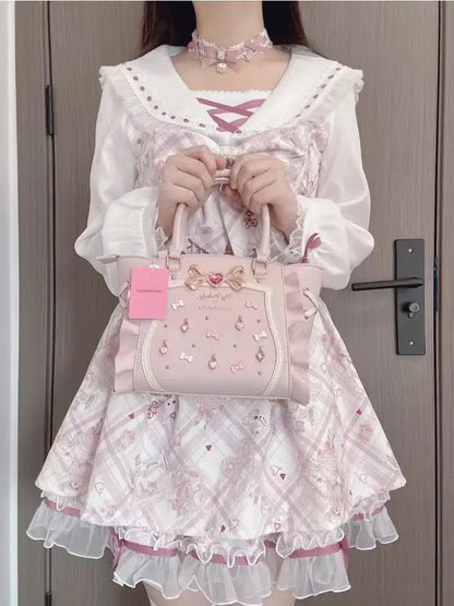 Japanese Sweet Cute Slim Dress Women Kawaii Chic Print Bow Thin Long Sleeve Dresses Female Design Pretty Lovely New Clothing - Smarsty