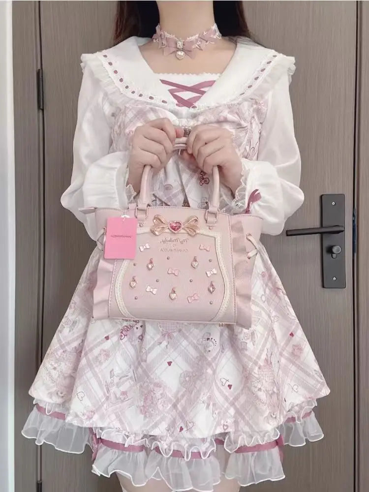 Japanese Sweet Cute Slim Dress Women Kawaii Chic Print Bow Thin Long Sleeve Dresses Female Design Pretty Lovely New Clothing - Smarsty