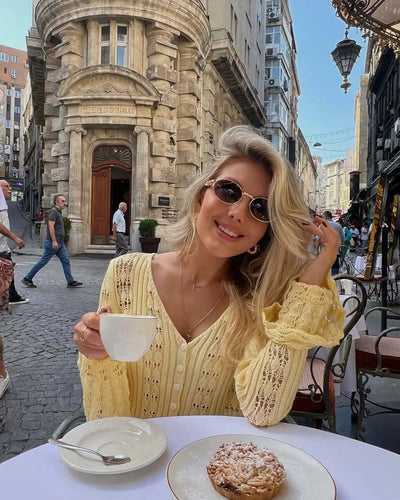 TARUXY Hollow Knitted Cardigan Women's Solid Long Sleeve V Neck Short Sweater Top Summer 2025 New Female Crochet Casual Outwear - Smarsty