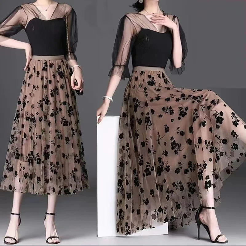 Korean Women Tulle Skirt Fashion Summer Hook Floral Loose Midi Skirt Elegant Female Casual All Match Mesh Skirts New - Smarsty