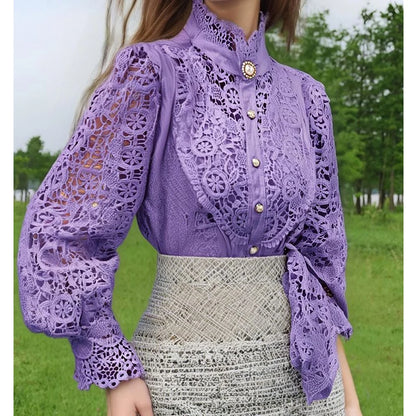 2025 French Style Spring Women Blouse Office Lady Flower Blouse Hollow Out Lace Stand Collar Button Shirt Female Clothing 12419 - Smarsty