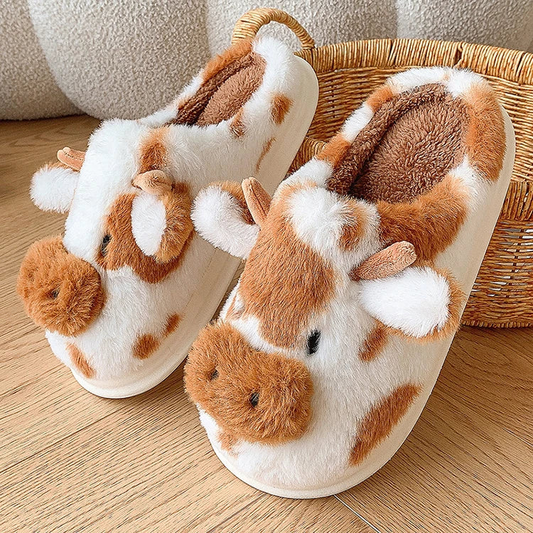 Casual Fluffy Slippers Women House Cute Cartoon Cow Designer Shoes Girl Flat Fashion Elegant Plush Winter Platform Footwear Home - Smarsty