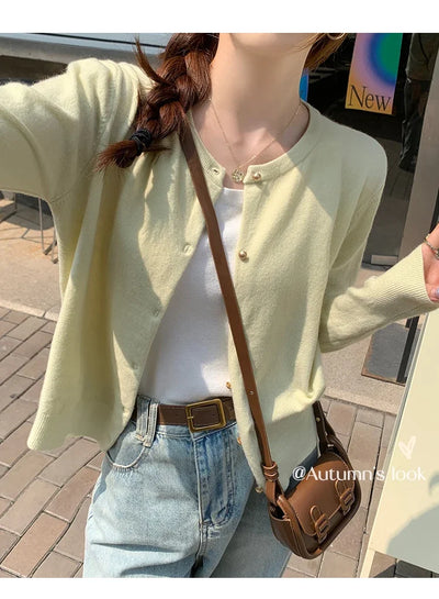 Solid Color Knitted for Women Cardigan Korean Single Breasted Long Sleeve Jumper Woman Round Neck All Match Cardigans Outwear - Smarsty